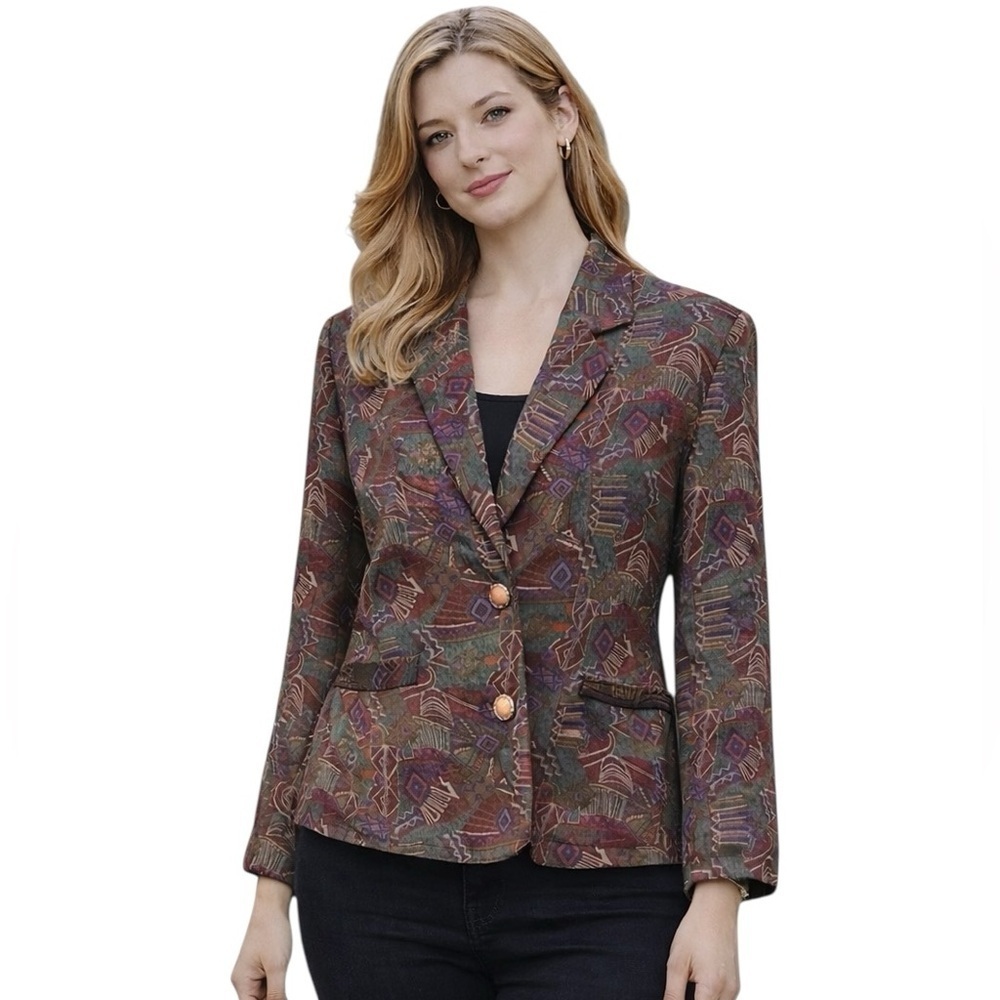 Top Lady Fashion Blazer Jacket Sz 11 Abstract Geometric, Corduroy Texture